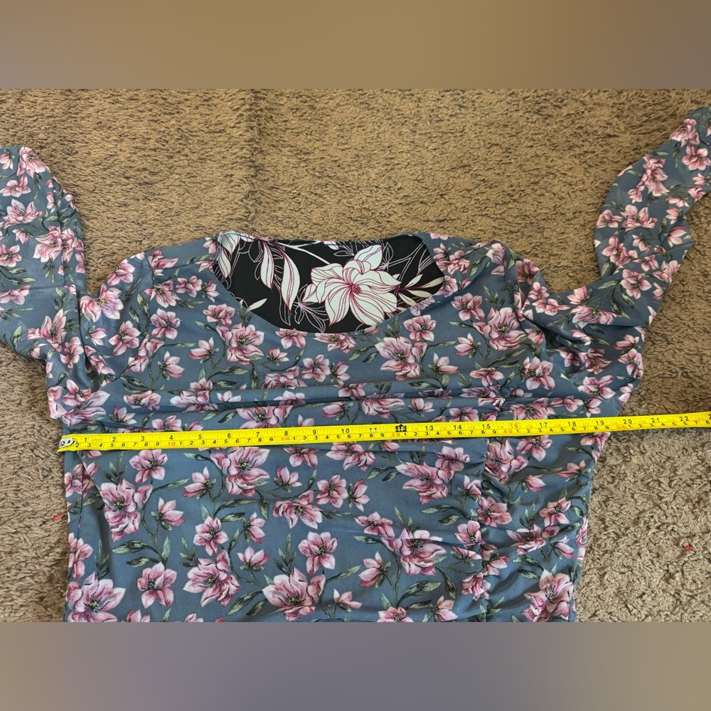 White House Black Market Floral Black Gray Pink Reversible Mesh Dress Ruched M - Picture 8 of 9